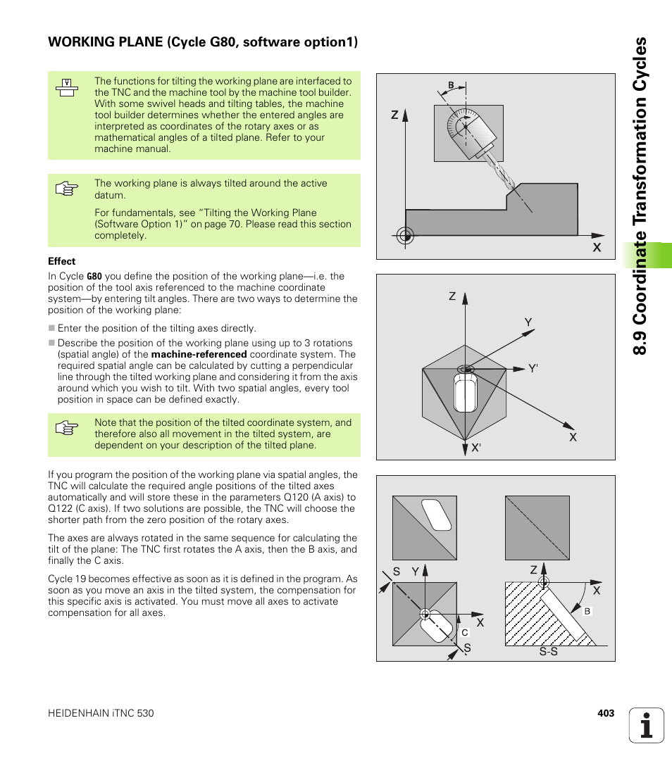 Working plane (cycle g80, software option1), 9 coor di na te t ra n s for m a ti on cy cle s | HEIDENHAIN iTNC 530 (340 49x-01) ISO programming User Manual | Page 403 / 577