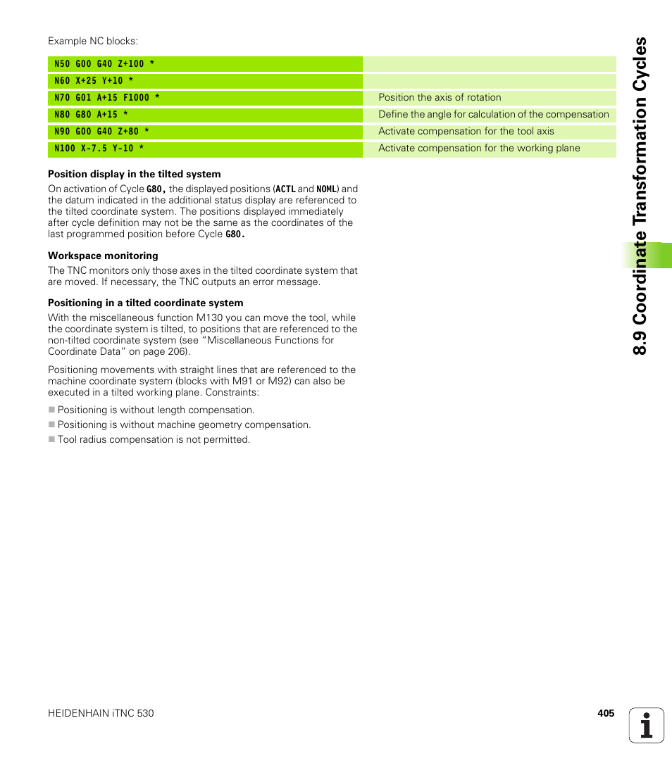 9 coor di na te t ra n s for m a ti on cy cle s | HEIDENHAIN iTNC 530 (340 49x-01) ISO programming User Manual | Page 405 / 577