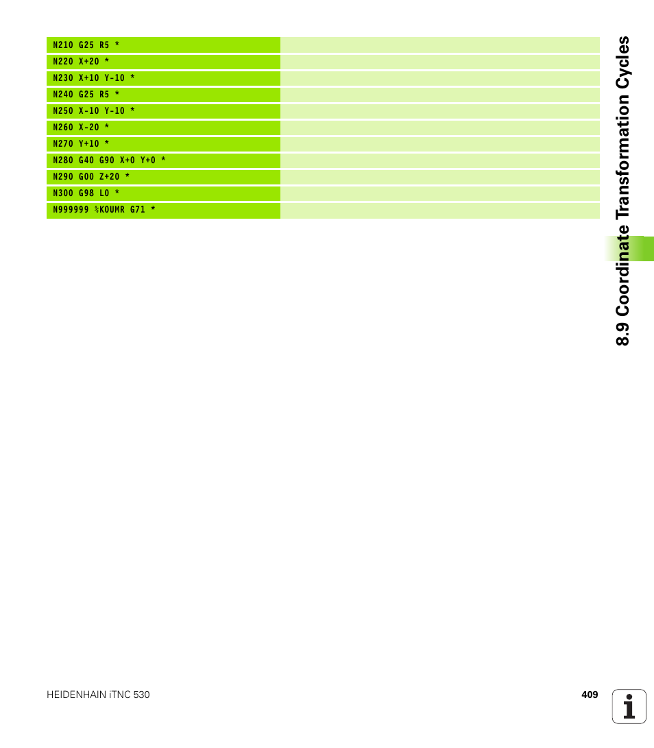 9 coor di na te t ra n s for m a ti on cy cle s | HEIDENHAIN iTNC 530 (340 49x-01) ISO programming User Manual | Page 409 / 577
