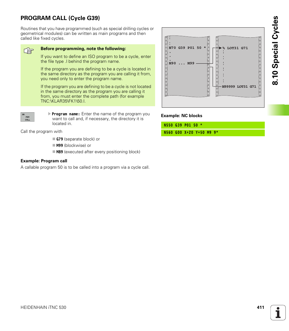 Program call (cycle g39), 1 0 special cy cles | HEIDENHAIN iTNC 530 (340 49x-01) ISO programming User Manual | Page 411 / 577