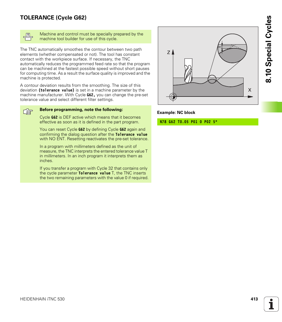Tolerance (cycle g62), 1 0 special cy cles | HEIDENHAIN iTNC 530 (340 49x-01) ISO programming User Manual | Page 413 / 577