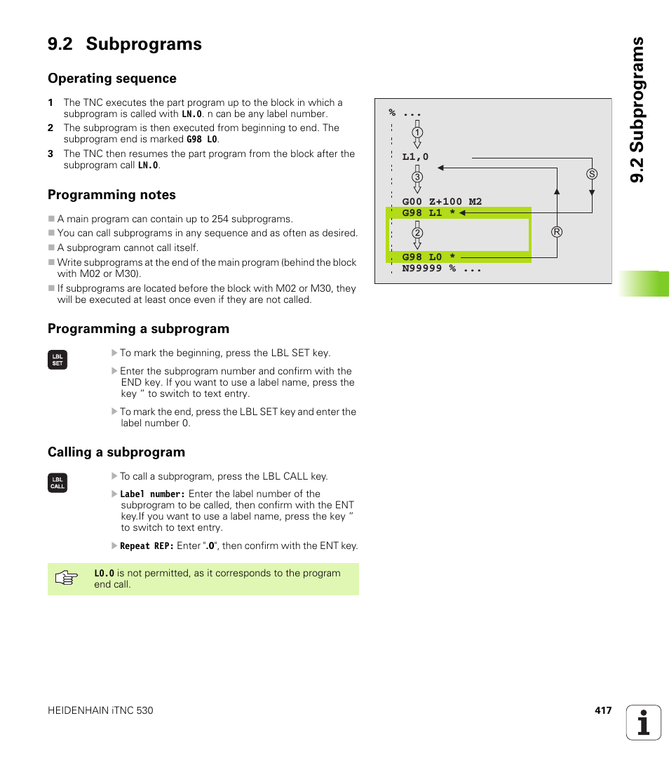 2 subprograms, Operating sequence, Programming notes | Programming a subprogram, Calling a subprogram, 2 subpr ogr a ms 9.2 subprograms | HEIDENHAIN iTNC 530 (340 49x-01) ISO programming User Manual | Page 417 / 577