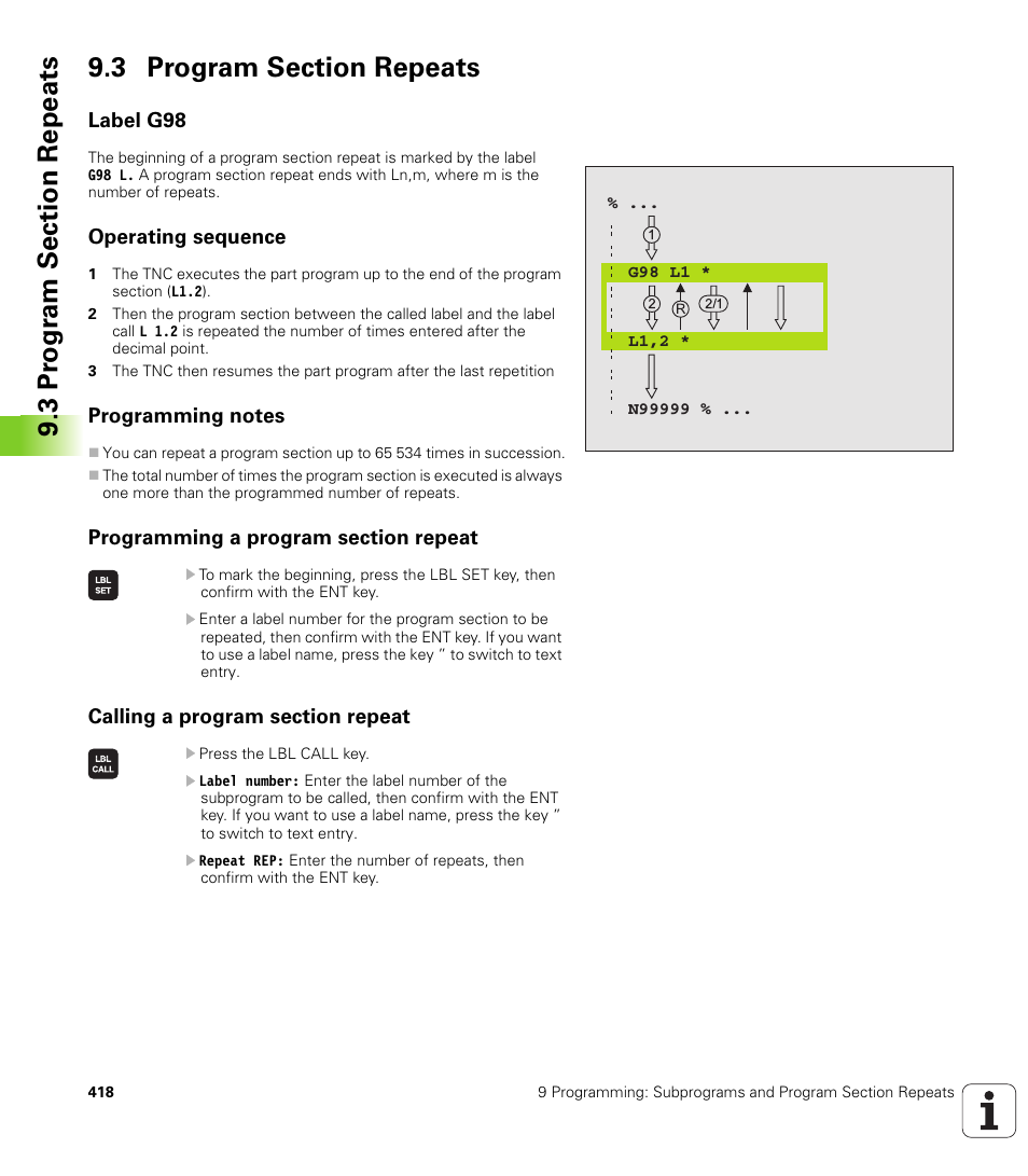 3 program section repeats, Label g98, Operating sequence | Programming notes, Programming a program section repeat, Calling a program section repeat | HEIDENHAIN iTNC 530 (340 49x-01) ISO programming User Manual | Page 418 / 577