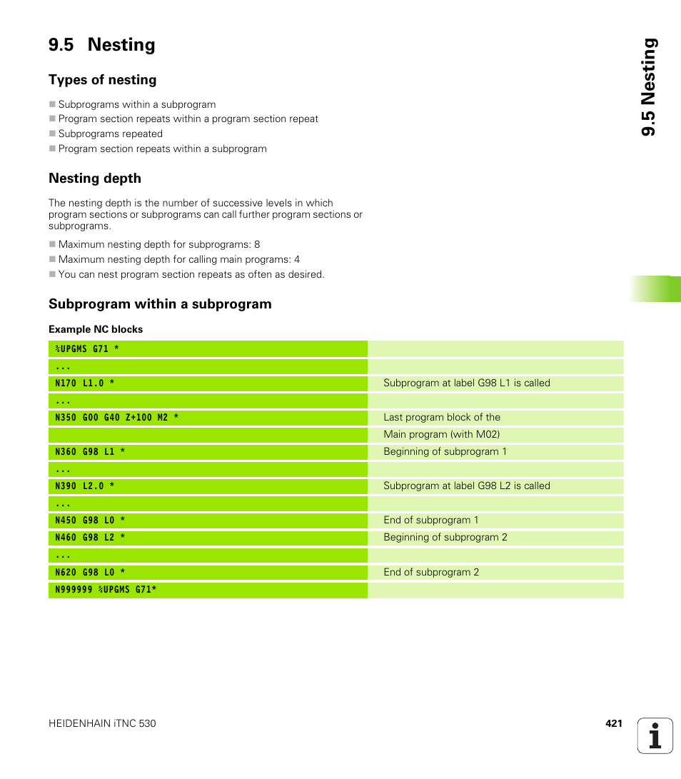 5 nesting, Types of nesting, Nesting depth | Subprogram within a subprogram | HEIDENHAIN iTNC 530 (340 49x-01) ISO programming User Manual | Page 421 / 577