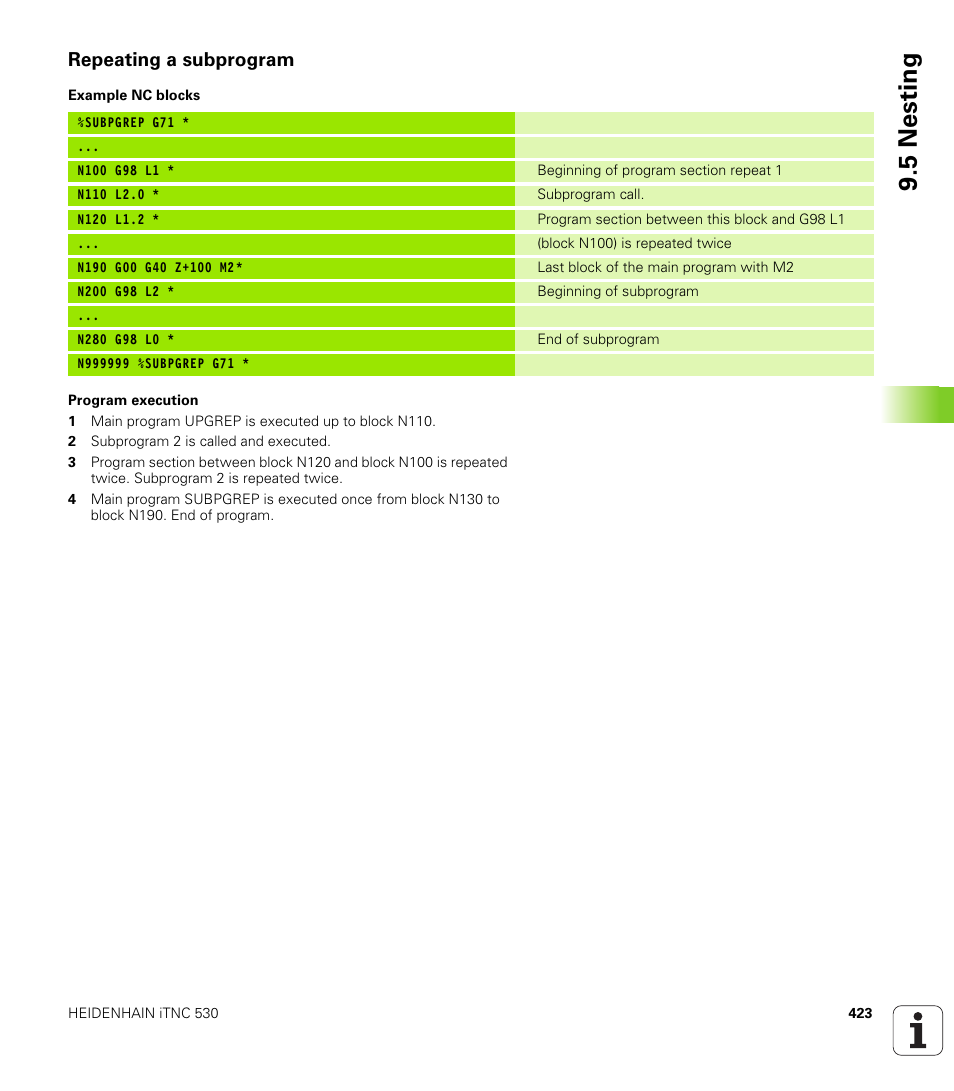 Repeating a subprogram, 5 nesting | HEIDENHAIN iTNC 530 (340 49x-01) ISO programming User Manual | Page 423 / 577