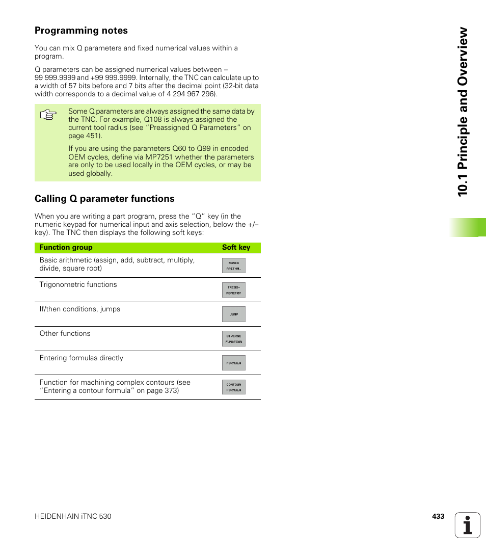 Programming notes, Calling q parameter functions, 10 .1 pr inciple and ov erview | HEIDENHAIN iTNC 530 (340 49x-01) ISO programming User Manual | Page 433 / 577