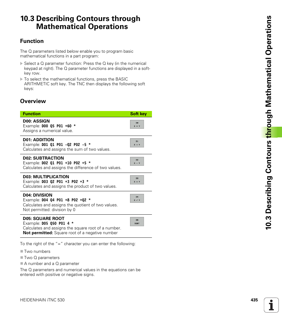 Function, Overview, Divide, square root) | HEIDENHAIN iTNC 530 (340 49x-01) ISO programming User Manual | Page 435 / 577