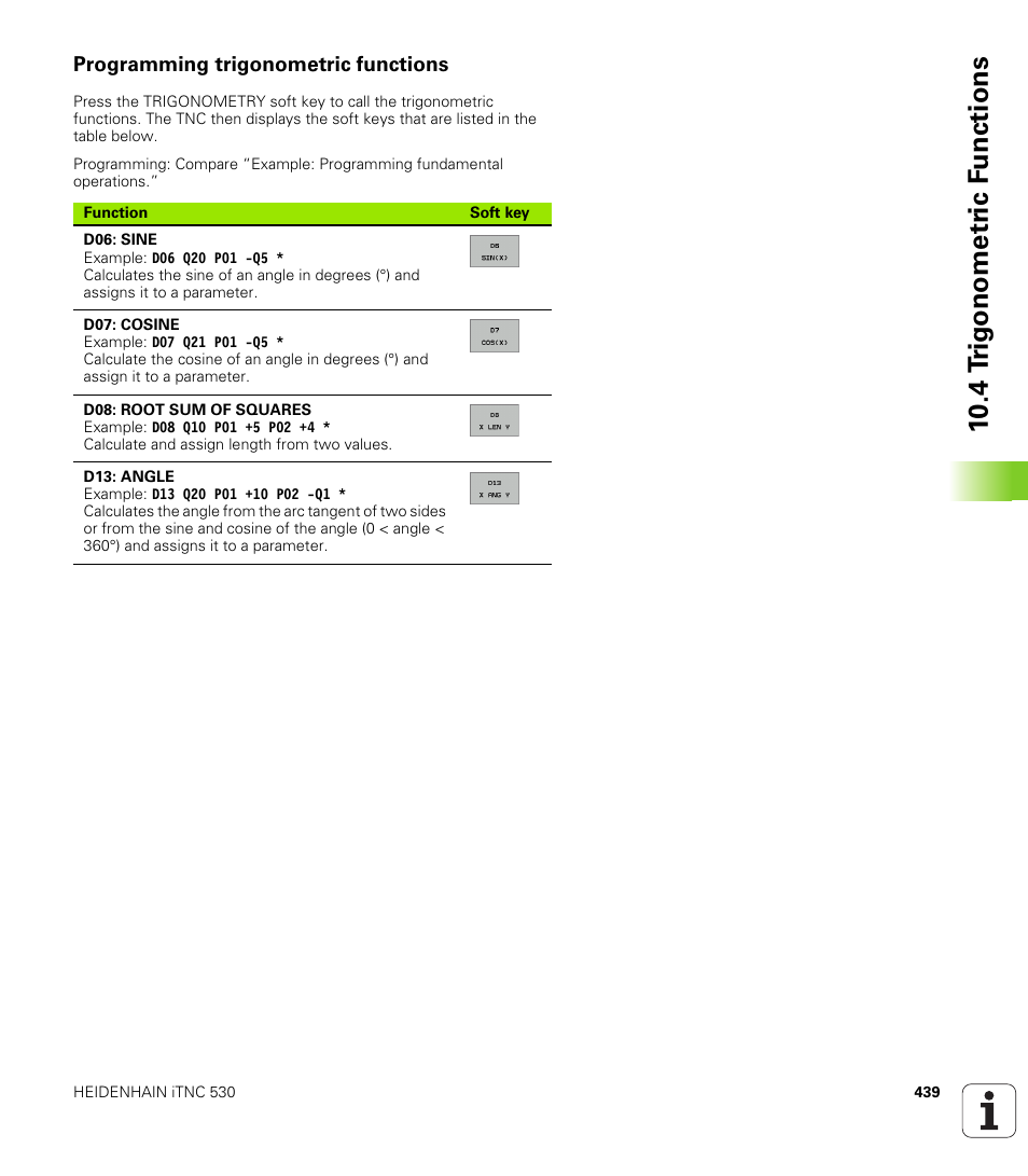Programming trigonometric functions, 10 .4 t rig onometr ic f unctions | HEIDENHAIN iTNC 530 (340 49x-01) ISO programming User Manual | Page 439 / 577