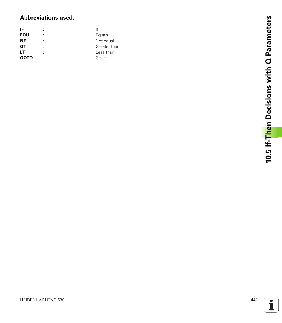 Abbreviations used, 10 .5 if-then decisions with q p ar amet ers | HEIDENHAIN iTNC 530 (340 49x-01) ISO programming User Manual | Page 441 / 577
