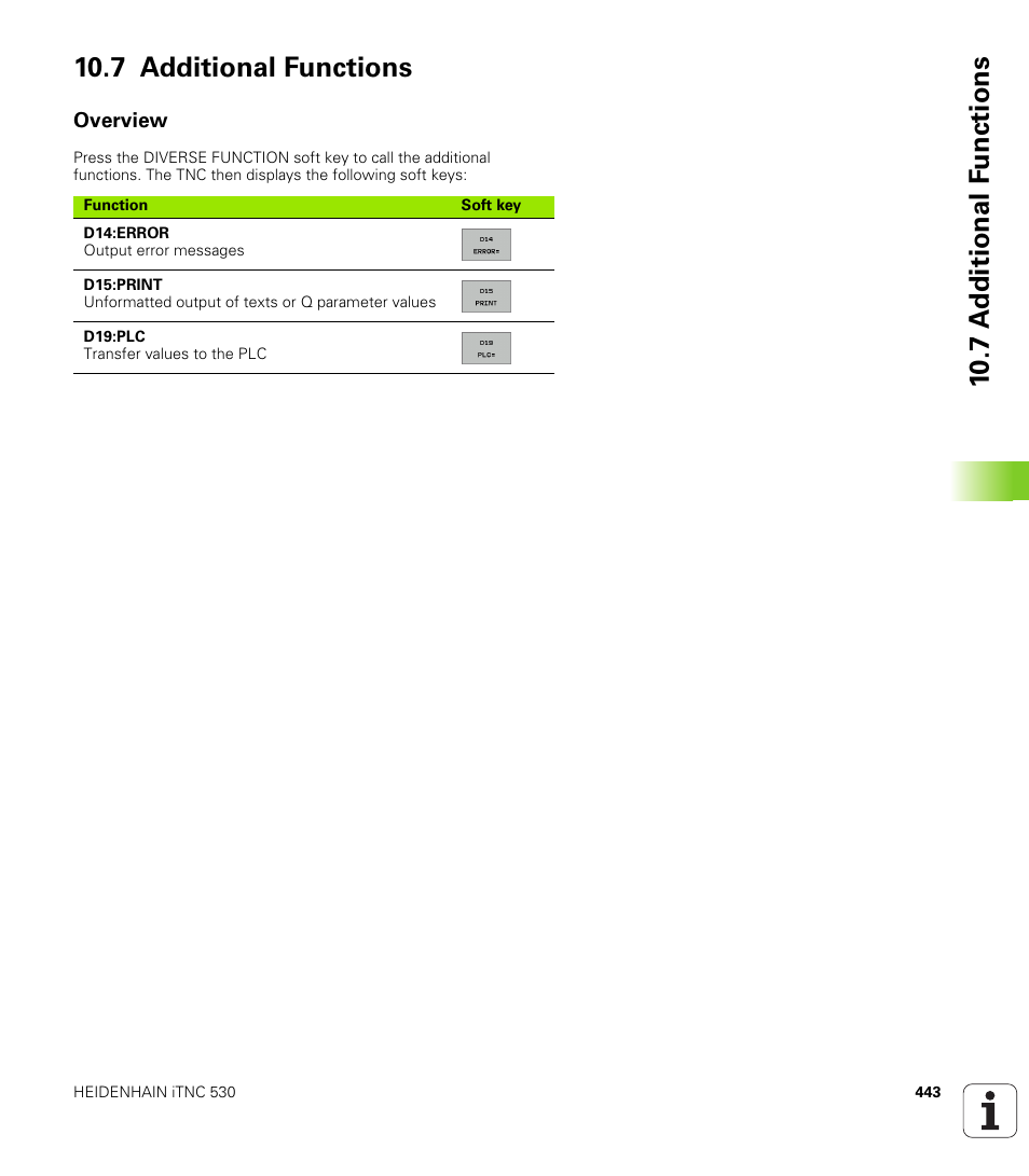 7 additional functions, Overview, Other functions | HEIDENHAIN iTNC 530 (340 49x-01) ISO programming User Manual | Page 443 / 577