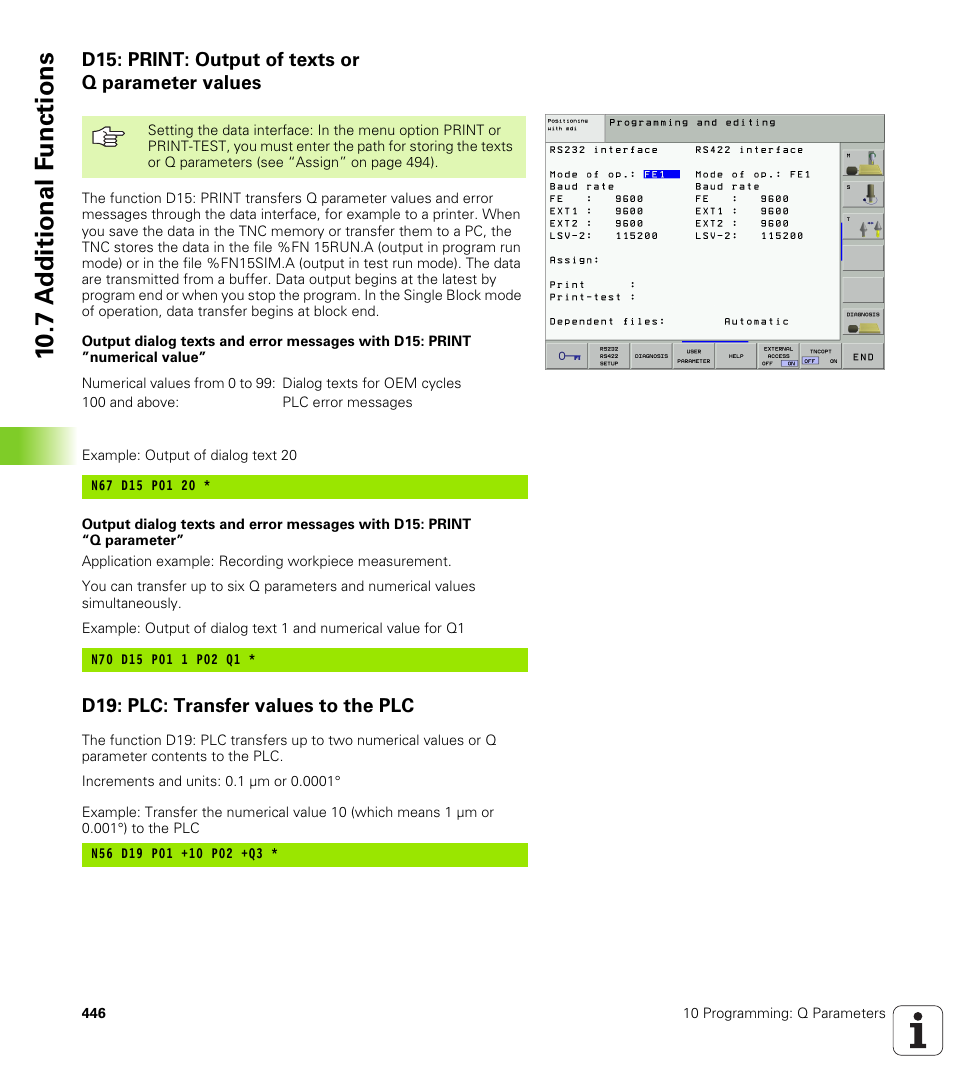 D15: print: output of texts or q parameter values, D19: plc: transfer values to the plc, 10 .7 a d ditional f unctions | HEIDENHAIN iTNC 530 (340 49x-01) ISO programming User Manual | Page 446 / 577