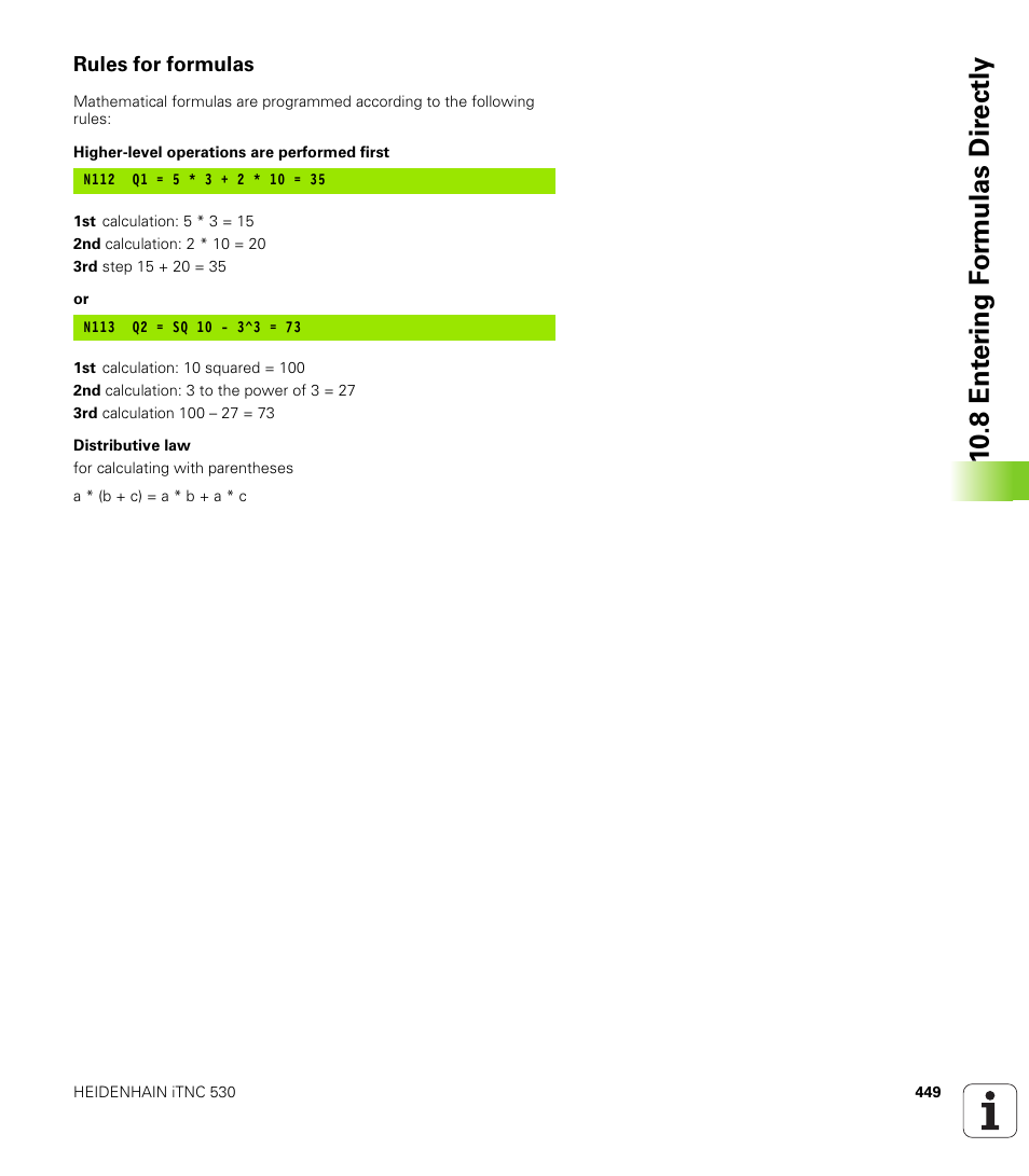 Rules for formulas, 10 .8 ent er ing f o rm ulas dir e ctly | HEIDENHAIN iTNC 530 (340 49x-01) ISO programming User Manual | Page 449 / 577