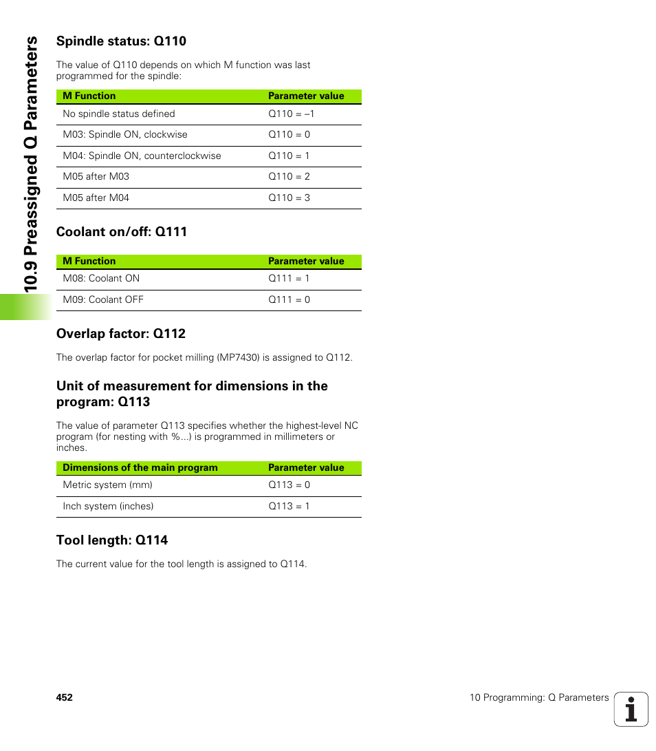 Spindle status: q110, Coolant on/off: q111, Overlap factor: q112 | Tool length: q114 | HEIDENHAIN iTNC 530 (340 49x-01) ISO programming User Manual | Page 452 / 577