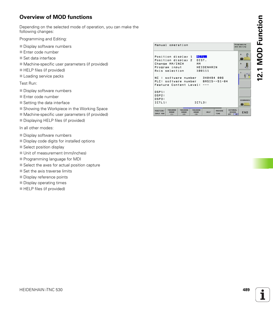 Overview of mod functions, 1 mod f unction | HEIDENHAIN iTNC 530 (340 49x-01) ISO programming User Manual | Page 489 / 577