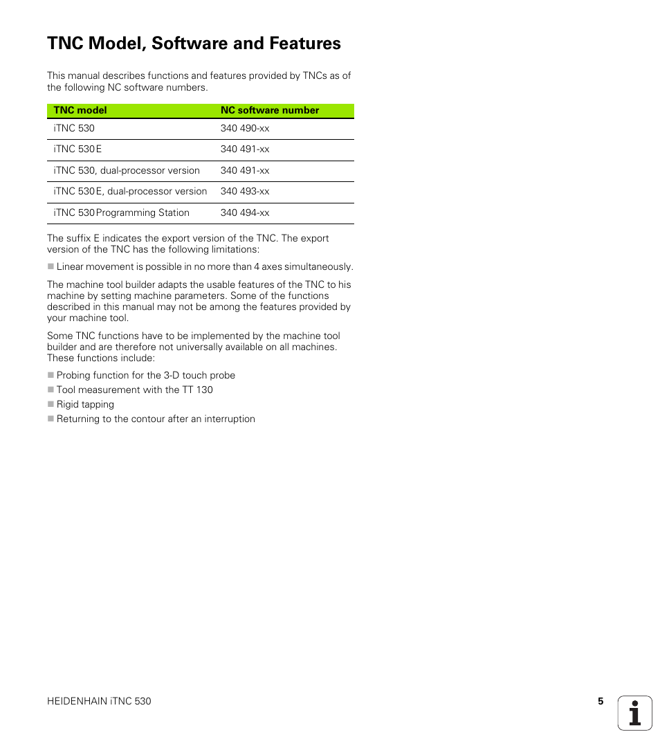 Tnc model, software and features | HEIDENHAIN iTNC 530 (340 49x-01) ISO programming User Manual | Page 5 / 577