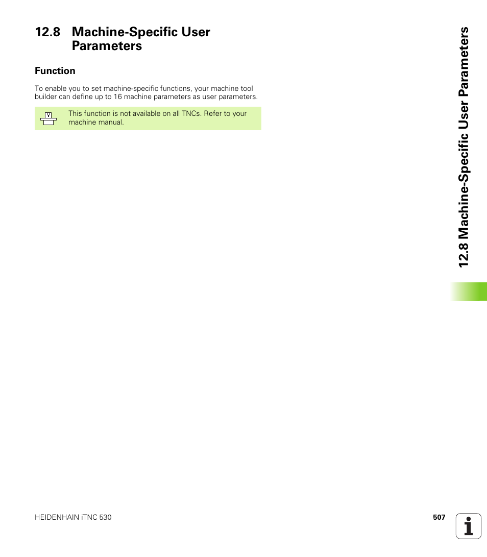 8 machine-specific user parameters, Function, Machine-specific user parameters (if provided) | HEIDENHAIN iTNC 530 (340 49x-01) ISO programming User Manual | Page 507 / 577