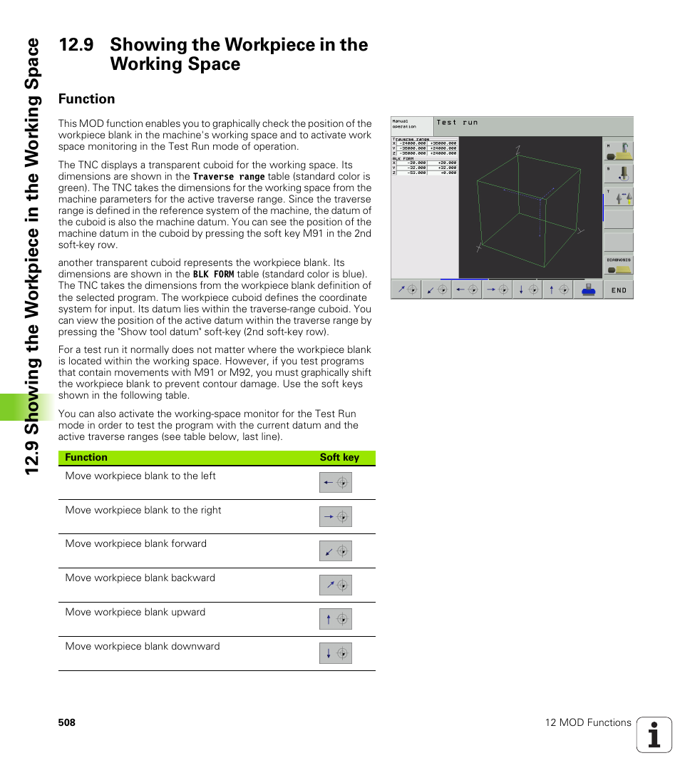 9 showing the workpiece in the working space, Function, Showing the workpiece in the working space | HEIDENHAIN iTNC 530 (340 49x-01) ISO programming User Manual | Page 508 / 577