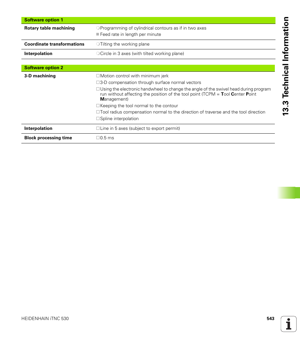 3 t e c hnical inf o rm ation | HEIDENHAIN iTNC 530 (340 49x-01) ISO programming User Manual | Page 543 / 577