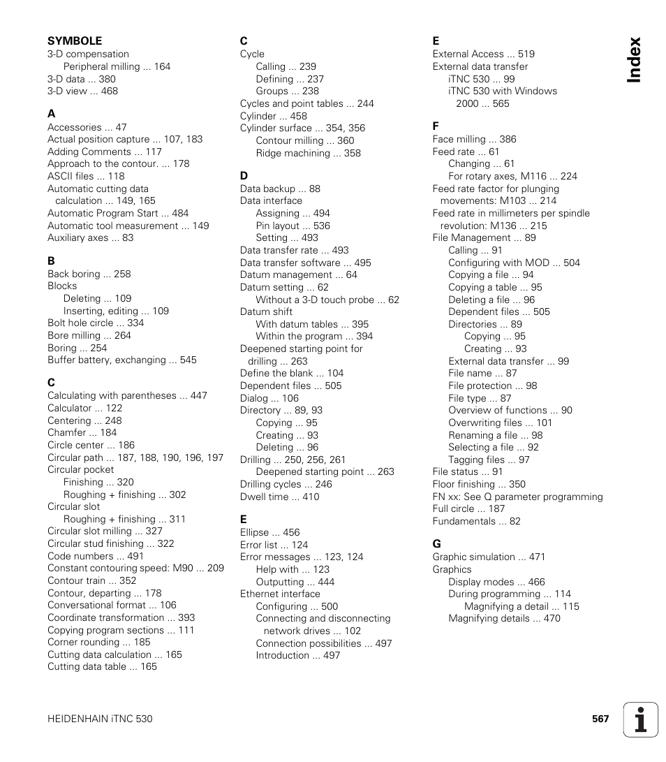 Index | HEIDENHAIN iTNC 530 (340 49x-01) ISO programming User Manual | Page 567 / 577