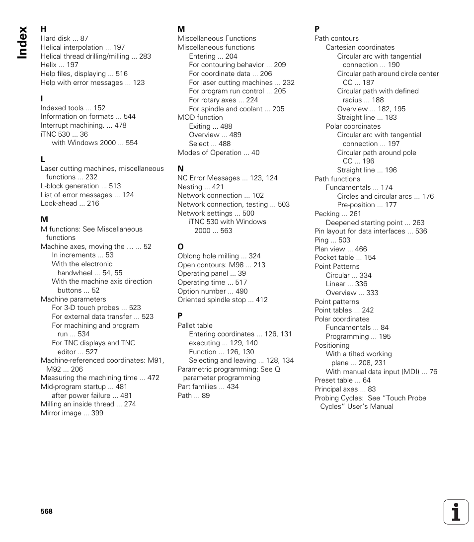 Index | HEIDENHAIN iTNC 530 (340 49x-01) ISO programming User Manual | Page 568 / 577