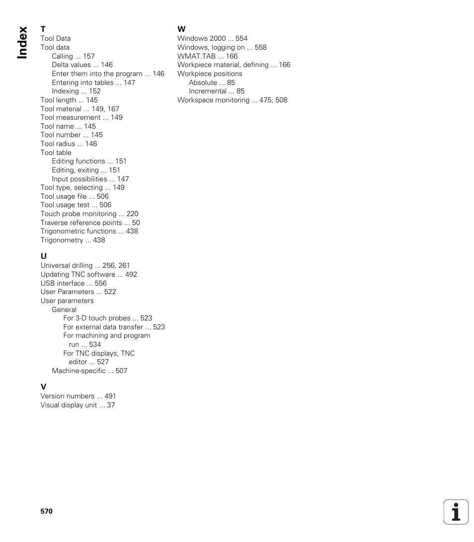 Index | HEIDENHAIN iTNC 530 (340 49x-01) ISO programming User Manual | Page 570 / 577