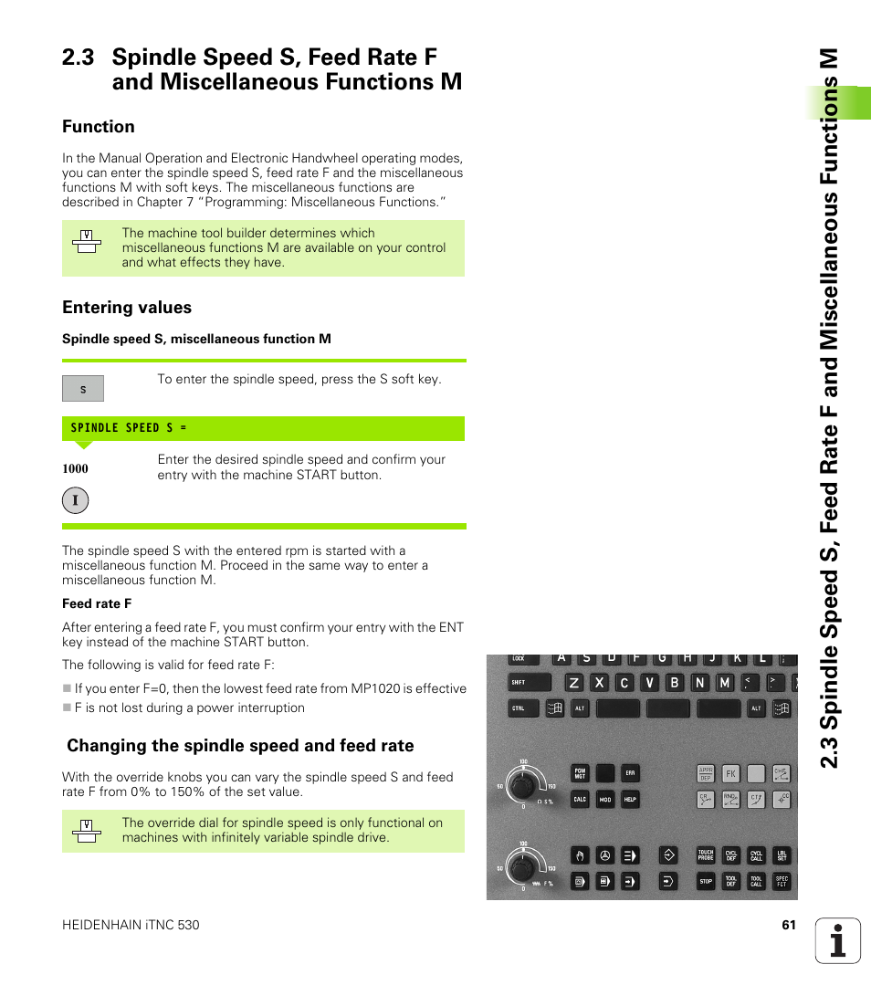 Function, Entering values, Changing the spindle speed and feed rate | HEIDENHAIN iTNC 530 (340 49x-01) ISO programming User Manual | Page 61 / 577