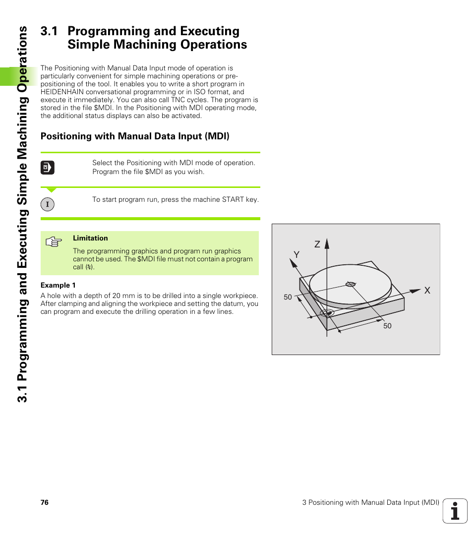 Positioning with manual data input (mdi) | HEIDENHAIN iTNC 530 (340 49x-01) ISO programming User Manual | Page 76 / 577
