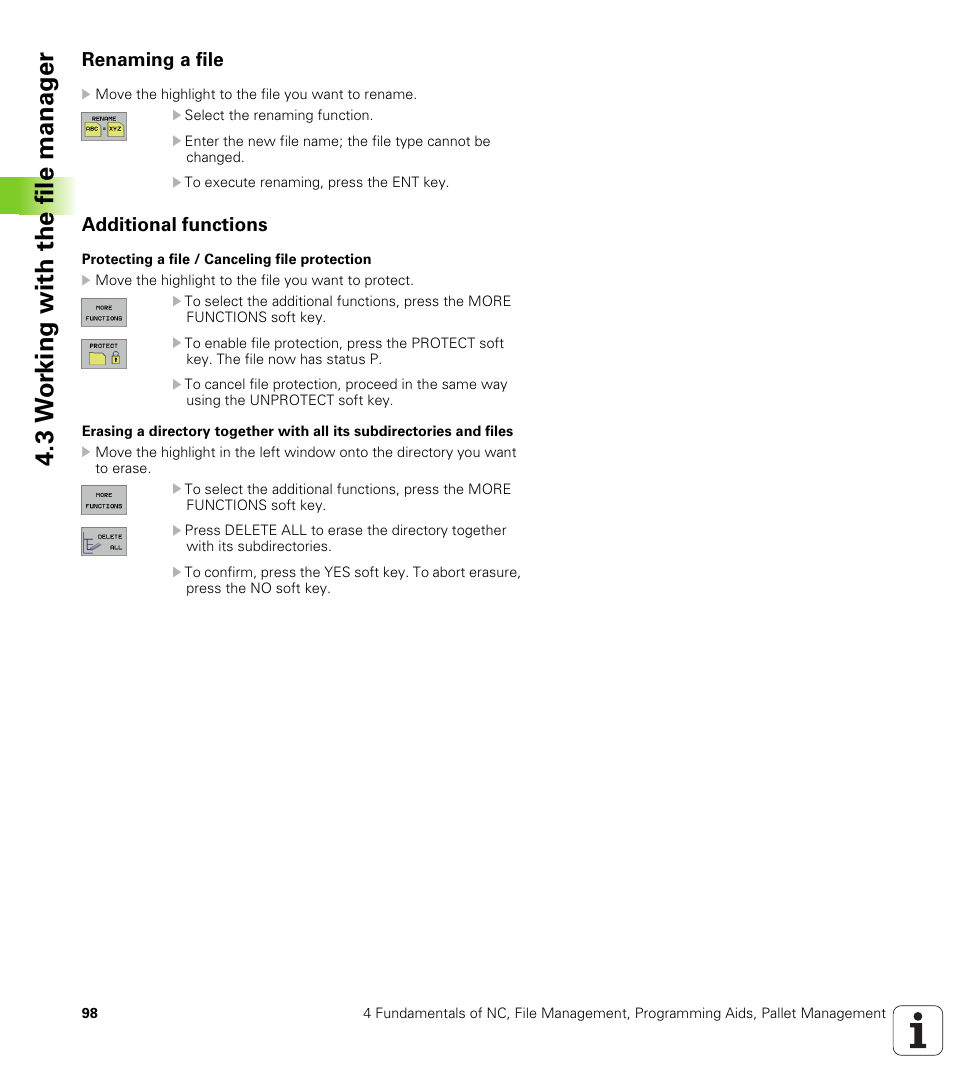 Renaming a file, Additional functions, Protect a file against editing and erasure | Cancel file protection, 3 w o rk ing with the file manag e r | HEIDENHAIN iTNC 530 (340 49x-01) ISO programming User Manual | Page 98 / 577