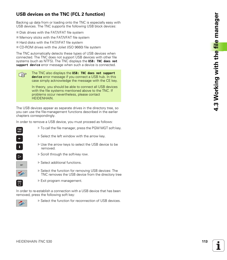 Usb devices on the tnc (fcl 2 function), 3 w o rk ing with the file manag e r | HEIDENHAIN iTNC 530 (340 49x-02) User Manual | Page 113 / 689