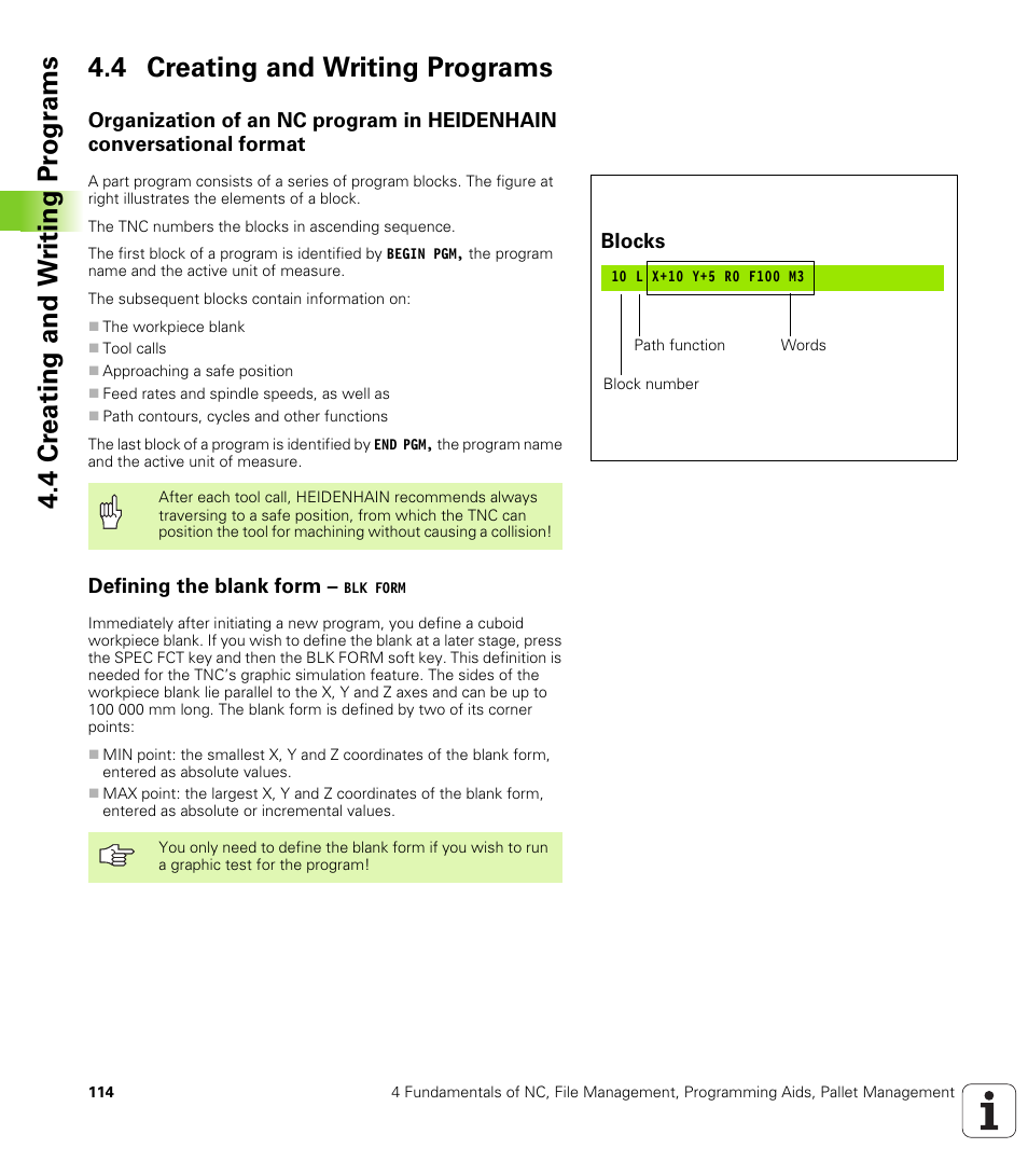4 creating and writing programs, Defining the blank form - blk form, Defining the blank form – blk form | HEIDENHAIN iTNC 530 (340 49x-02) User Manual | Page 114 / 689