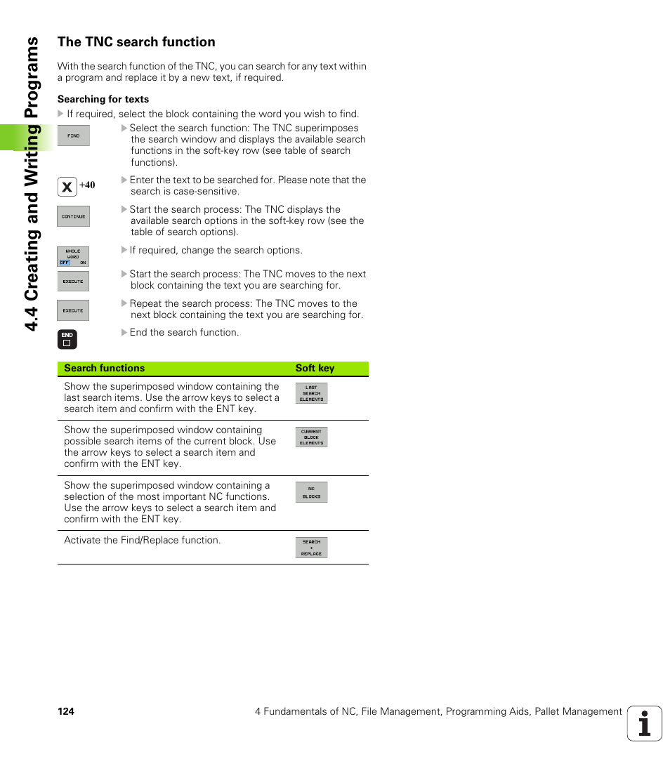 The tnc search function, 4 cr eating and w riting pr ogr a ms | HEIDENHAIN iTNC 530 (340 49x-02) User Manual | Page 124 / 689
