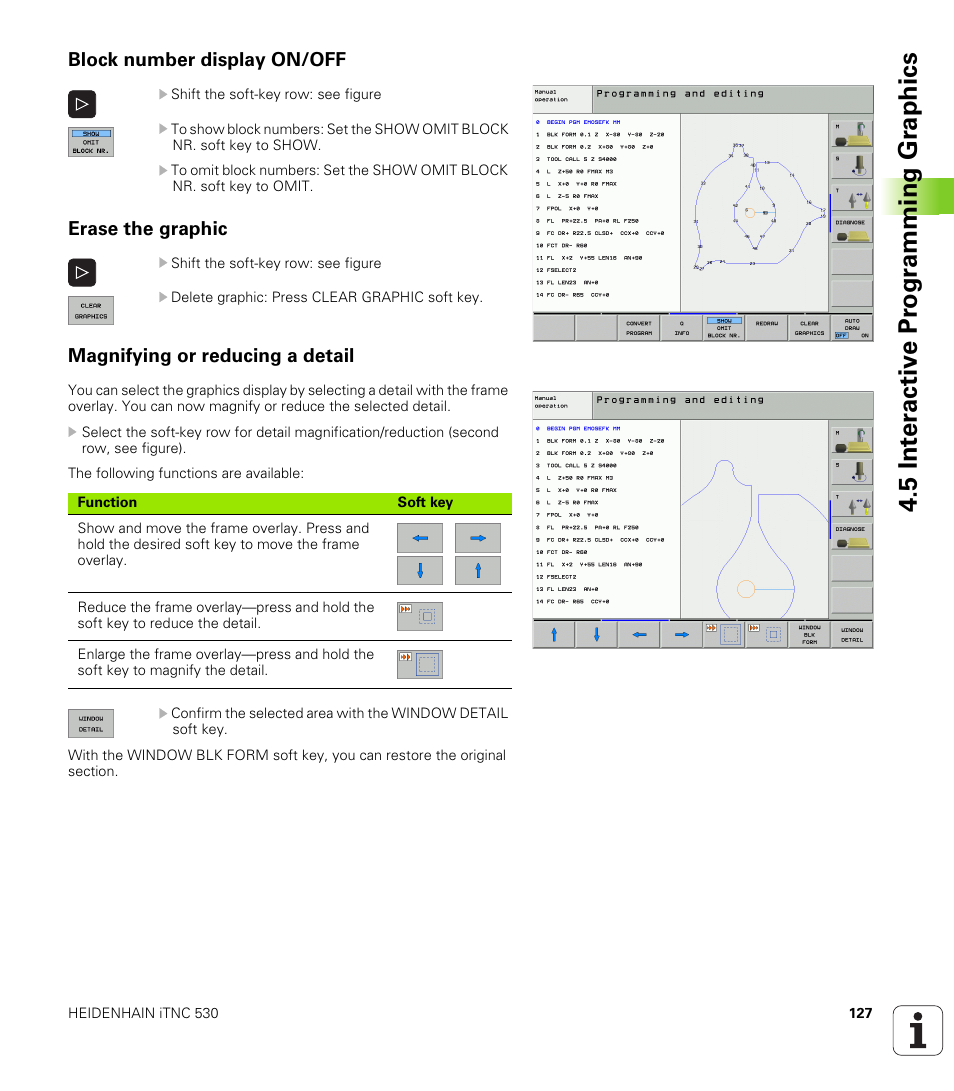 Block number display on/off, Erase the graphic, Magnifying or reducing a detail | 5 int e ra ctiv e pr ogr amming gr aphics | HEIDENHAIN iTNC 530 (340 49x-02) User Manual | Page 127 / 689