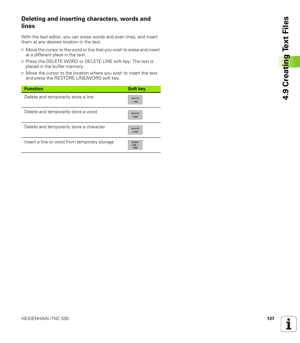 Deleting and inserting characters, words and lines, 9 cr eating t ext files | HEIDENHAIN iTNC 530 (340 49x-02) User Manual | Page 137 / 689