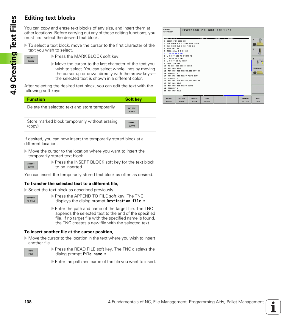 Editing text blocks, 9 cr eating t ext files | HEIDENHAIN iTNC 530 (340 49x-02) User Manual | Page 138 / 689