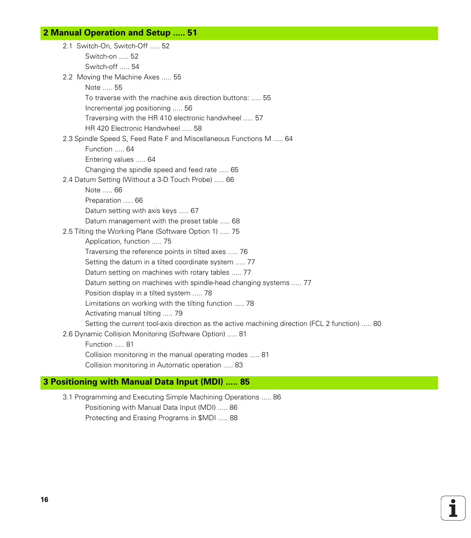 2 manual operation and setup, 3 positioning with manual data input (mdi), Manual operation and setup | Positioning with manual data input (mdi) | HEIDENHAIN iTNC 530 (340 49x-02) User Manual | Page 16 / 689