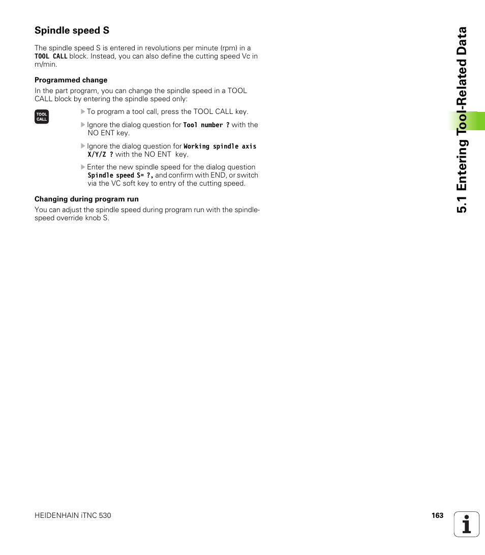 Spindle speed s, 1 ent e ri ng t o ol-relat ed d a ta | HEIDENHAIN iTNC 530 (340 49x-02) User Manual | Page 163 / 689