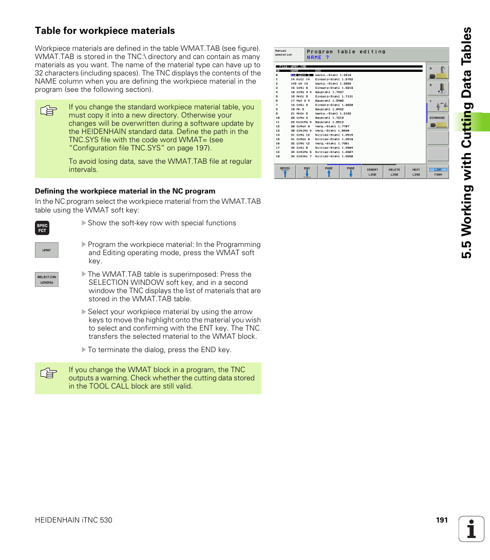 Table for workpiece materials, 5 w o rk ing with cut ting d a ta t a bles | HEIDENHAIN iTNC 530 (340 49x-02) User Manual | Page 191 / 689