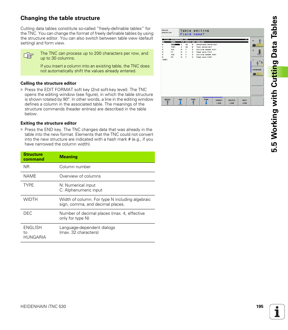 Changing the table structure, 5 w o rk ing with cut ting d a ta t a bles | HEIDENHAIN iTNC 530 (340 49x-02) User Manual | Page 195 / 689