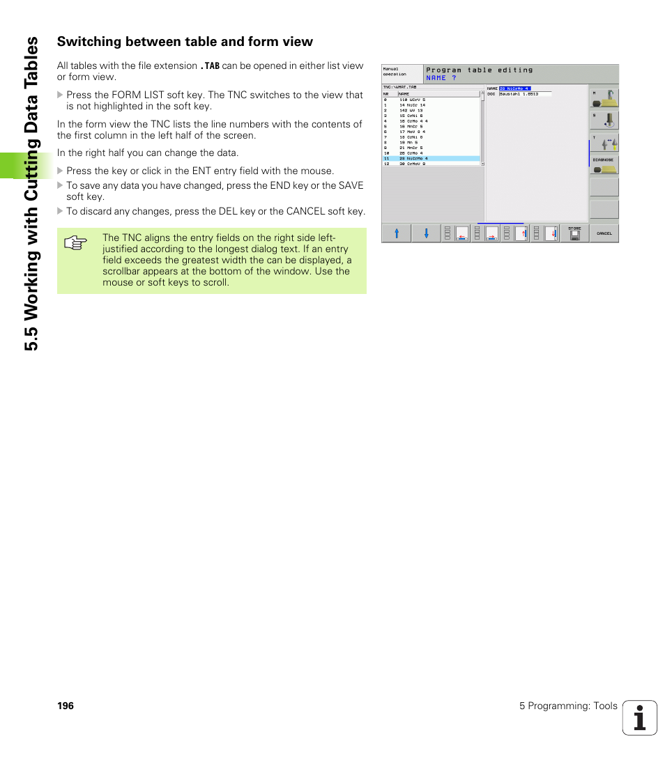 Switching between table and form view, 5 w o rk ing with cut ting d a ta t a bles | HEIDENHAIN iTNC 530 (340 49x-02) User Manual | Page 196 / 689