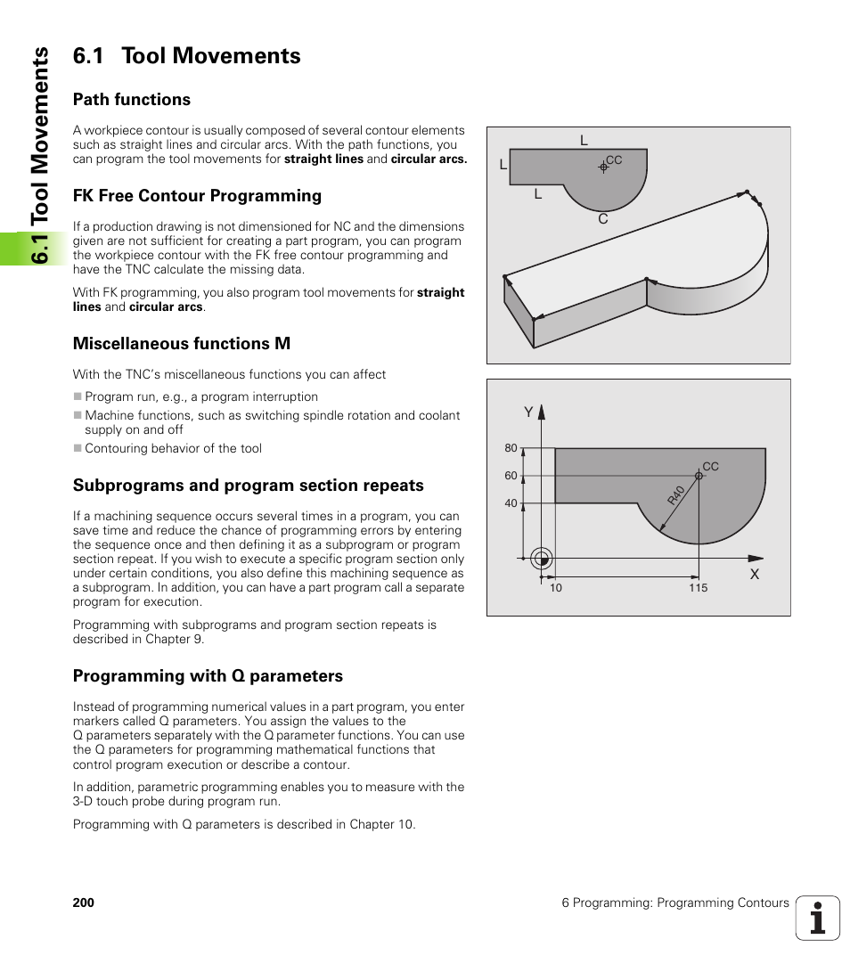 1 tool movements, Path functions, Fk free contour programming | Miscellaneous functions m, Subprograms and program section repeats, Programming with q parameters, 1 t ool mo v e ments 6.1 tool movements | HEIDENHAIN iTNC 530 (340 49x-02) User Manual | Page 200 / 689