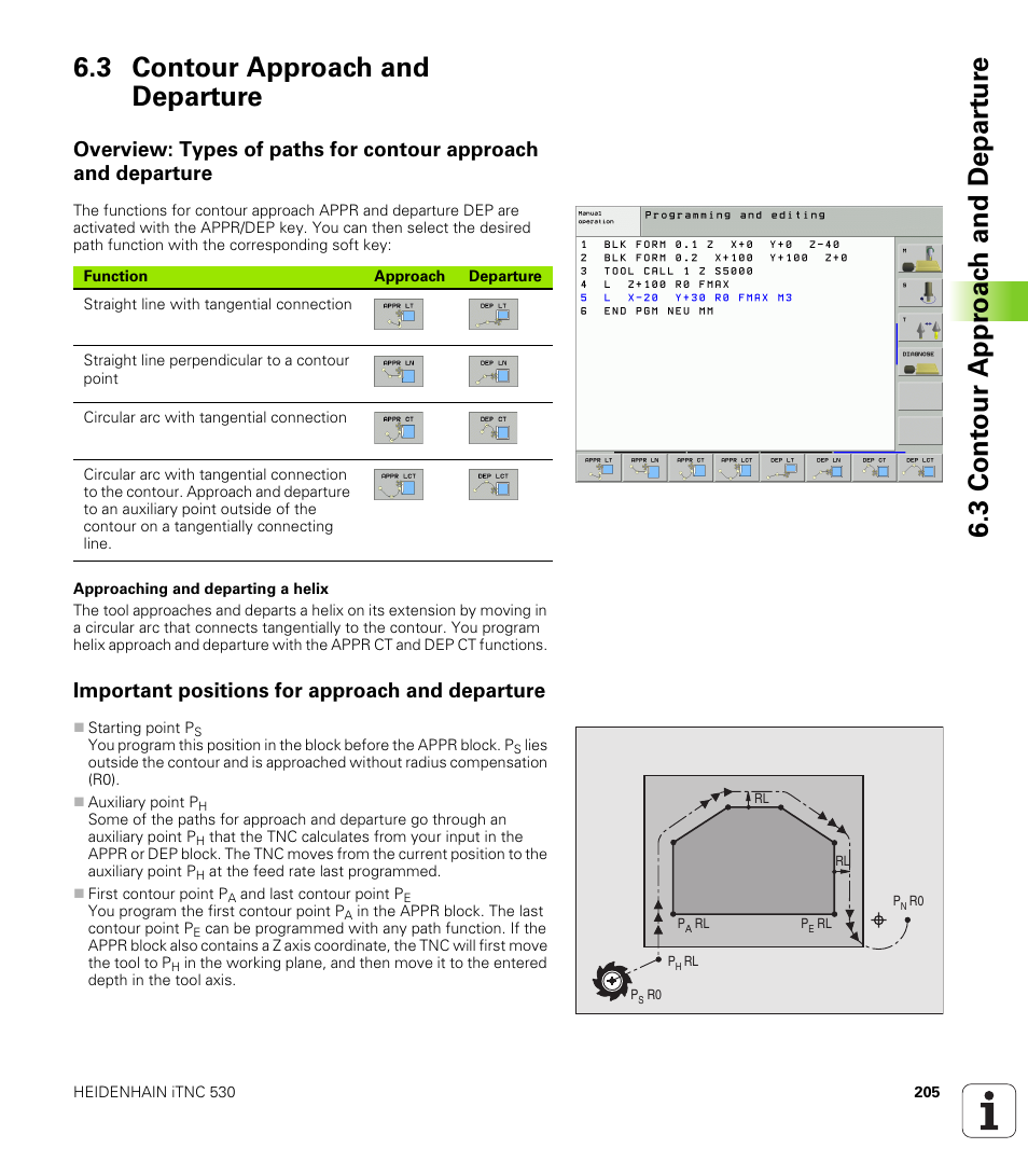 3 contour approach and departure, Important positions for approach and departure | HEIDENHAIN iTNC 530 (340 49x-02) User Manual | Page 205 / 689