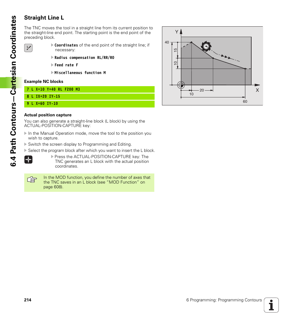 Straight line l, 4 p a th cont ours—car te sian coor dinat e s | HEIDENHAIN iTNC 530 (340 49x-02) User Manual | Page 214 / 689