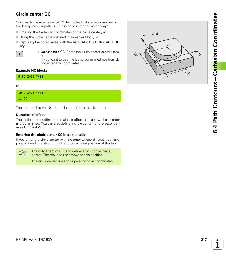 Circle center cc, 4 p a th cont ours—car te sian coor dinat e s | HEIDENHAIN iTNC 530 (340 49x-02) User Manual | Page 217 / 689