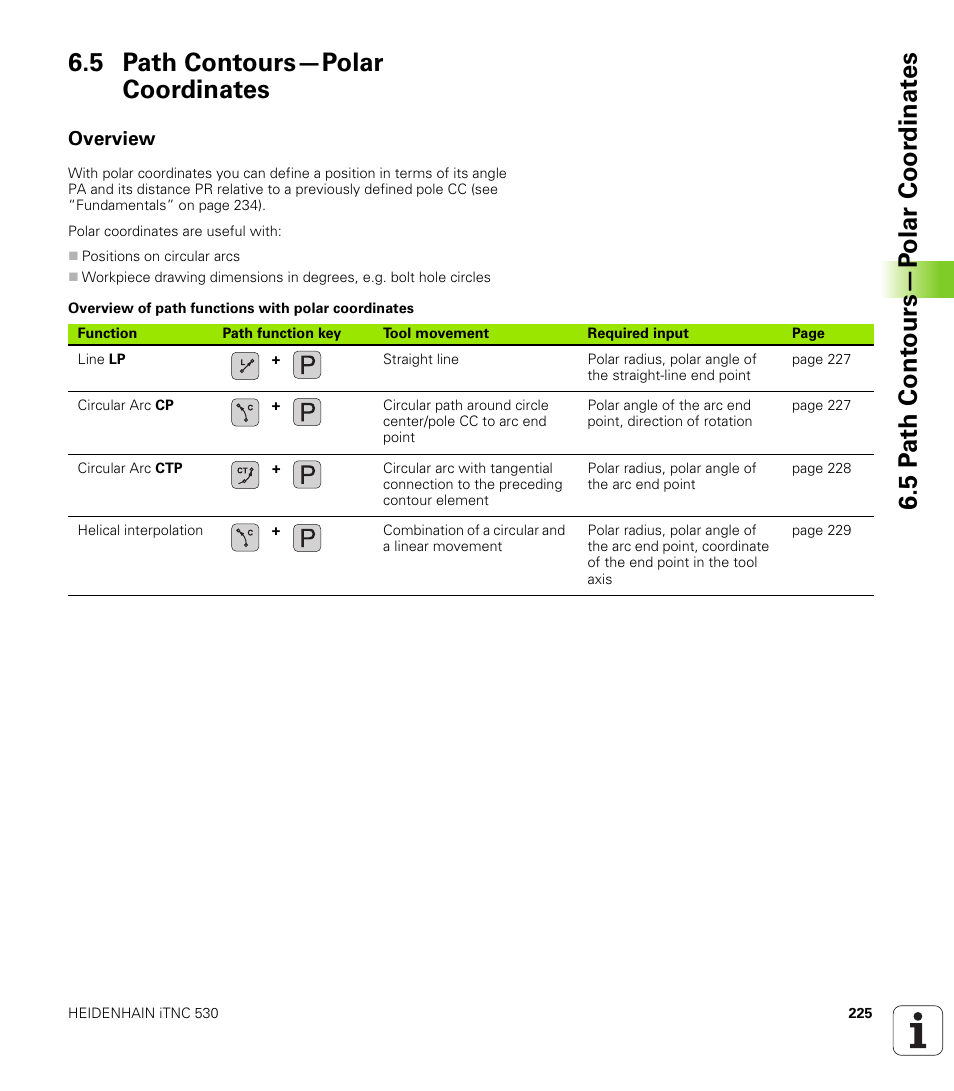 5 path contours-polar coordinates, Overview, 5 path contours—polar coordinates | HEIDENHAIN iTNC 530 (340 49x-02) User Manual | Page 225 / 689