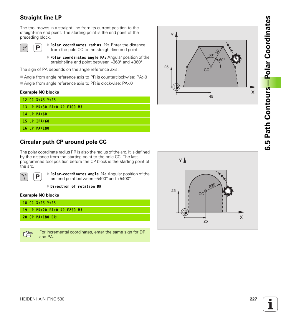 Straight line lp, Circular path cp around pole cc, 5 p a th cont ours—p o lar coor dinat e s | HEIDENHAIN iTNC 530 (340 49x-02) User Manual | Page 227 / 689
