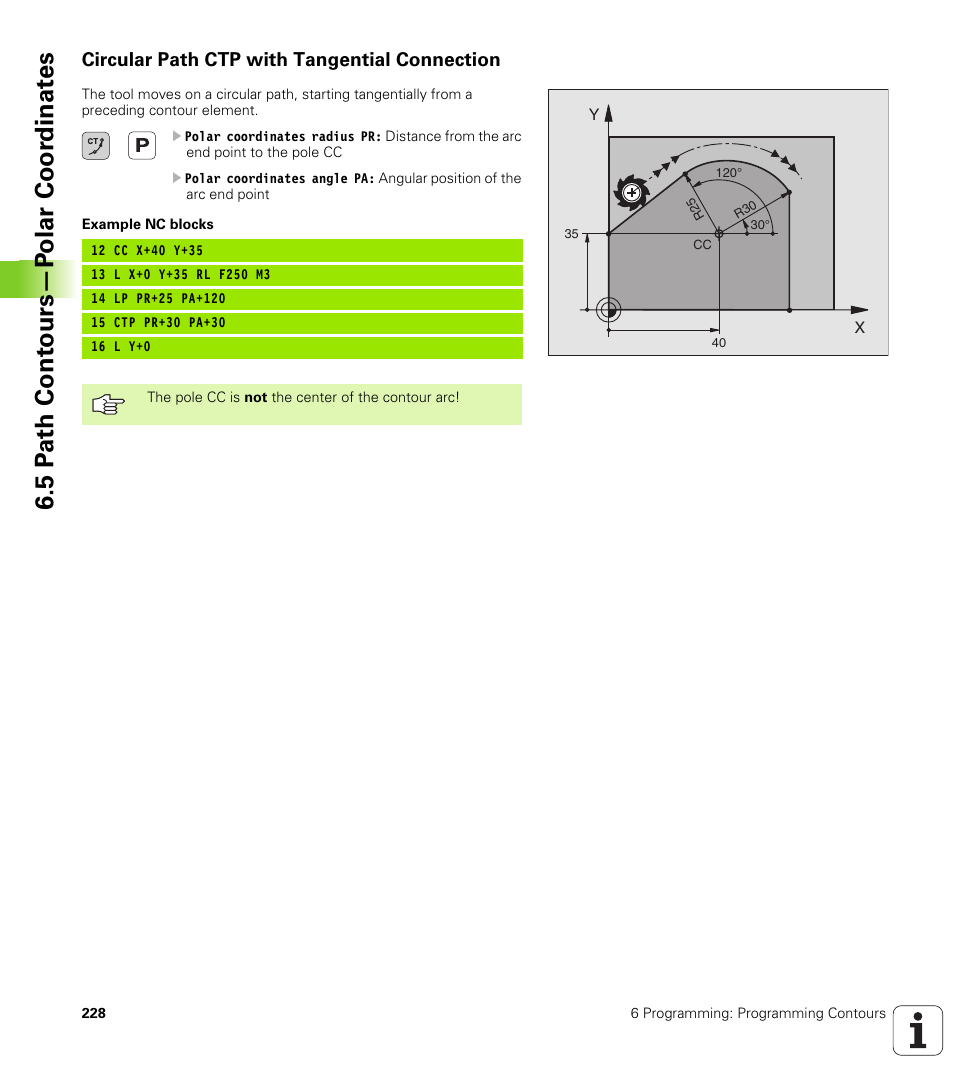 Circular path ctp with tangential connection, 5 p a th cont ours—p o lar coor dinat e s | HEIDENHAIN iTNC 530 (340 49x-02) User Manual | Page 228 / 689