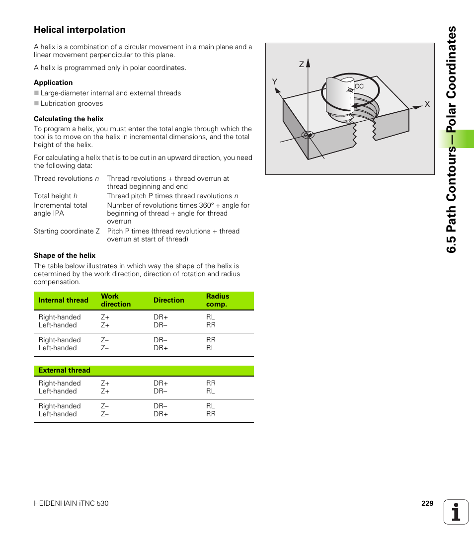Helical interpolation, 5 p a th cont ours—p o lar coor dinat e s | HEIDENHAIN iTNC 530 (340 49x-02) User Manual | Page 229 / 689