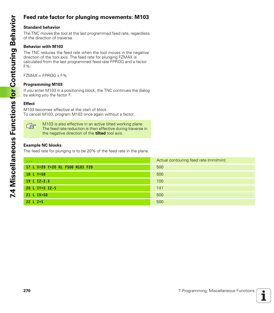 Feed rate factor for plunging movements: m103 | HEIDENHAIN iTNC 530 (340 49x-02) User Manual | Page 270 / 689