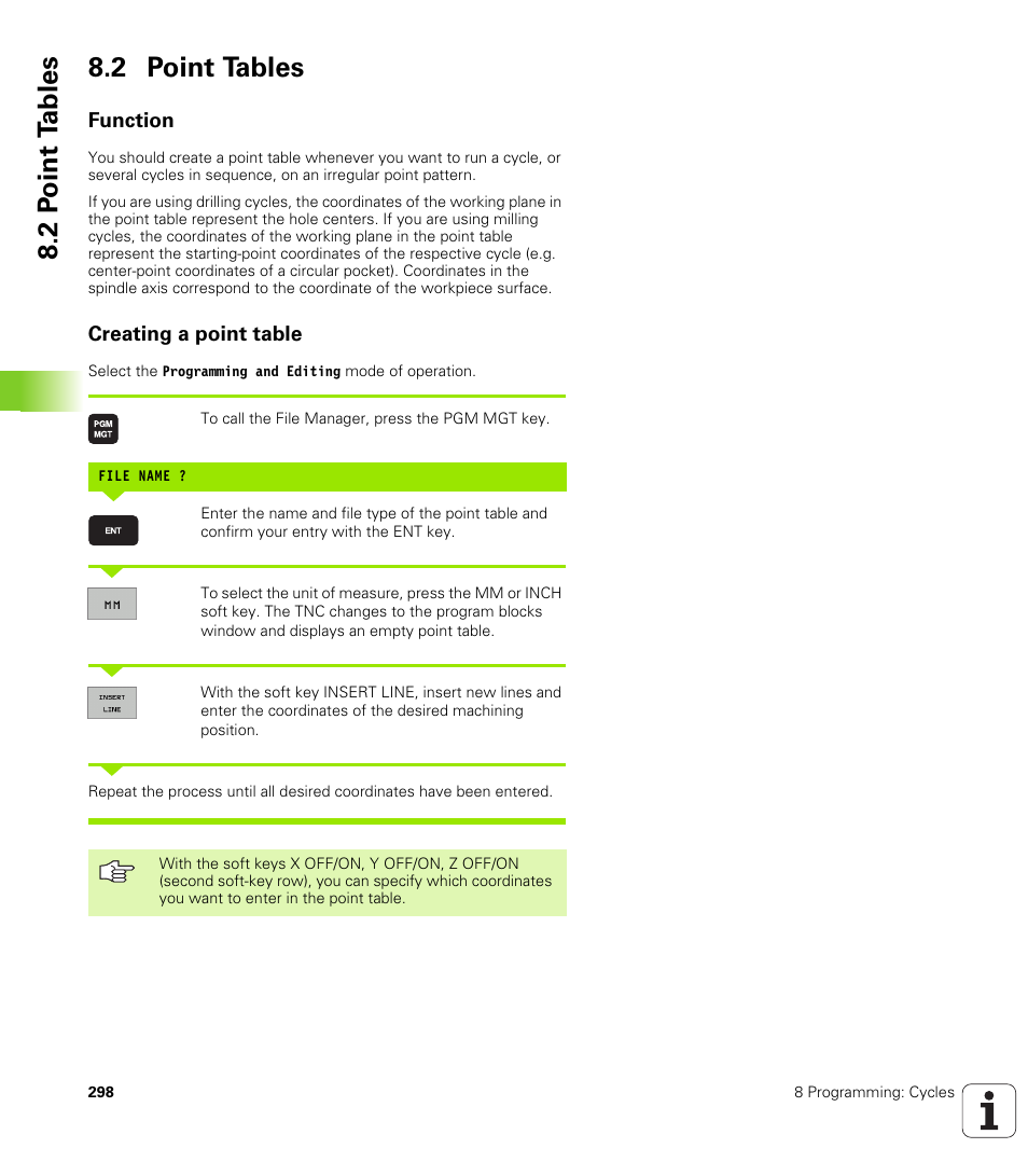 2 point tables, Function, Creating a point table | 2 p o int t a bles 8.2 point tables | HEIDENHAIN iTNC 530 (340 49x-02) User Manual | Page 298 / 689