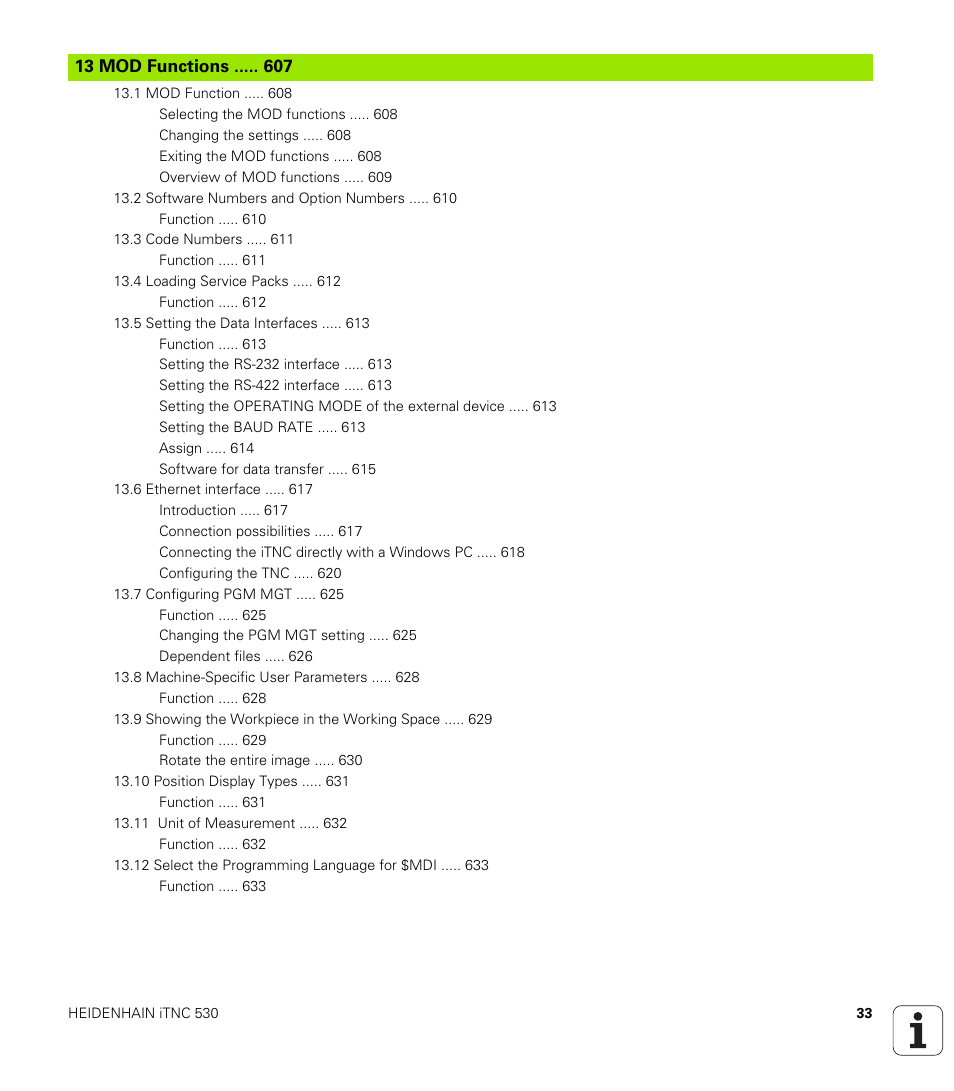 13 mod functions, Mod functions | HEIDENHAIN iTNC 530 (340 49x-02) User Manual | Page 33 / 689